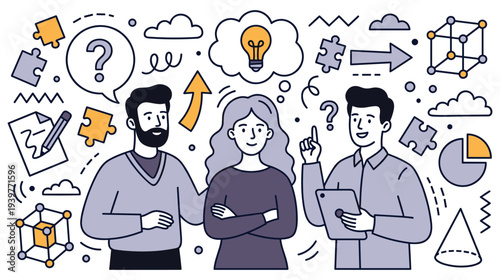 People solving problems with puzzle pieces and creative thought icons
