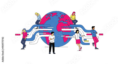 Diverse people connected globally through digital pathways, symbolizing worldwide communication, social networks, and data exchange across the internet.