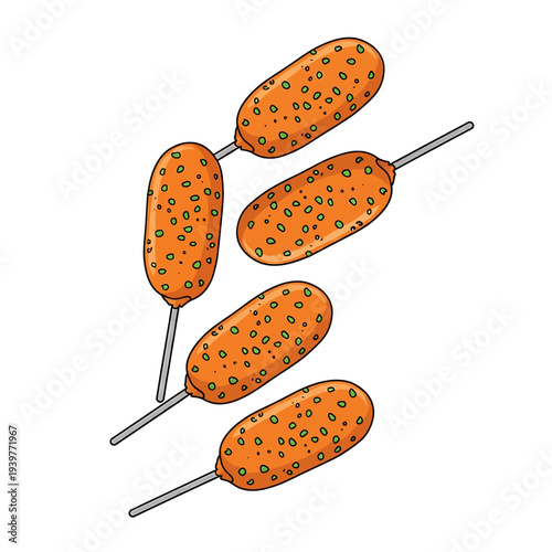 Cartoon corn dogs on sticks with green spots on white background