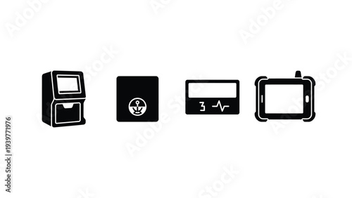 Black and white icons of old computer, camera, audio waveform and and smartphone on white background