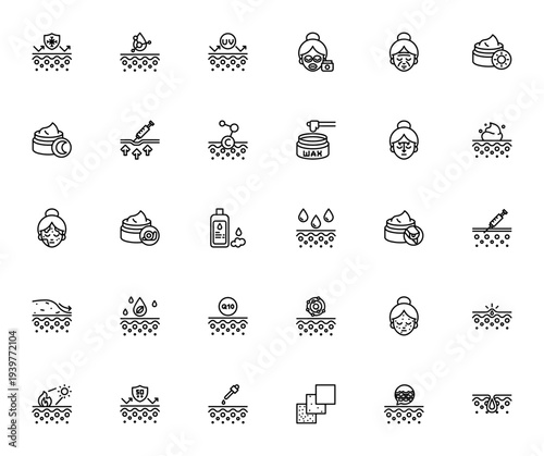 Skin Care icon set. Minimal line vector icons. Includes symbols for collagen, moisturizing, sun cream, serum, acne, wrinkles, pore, botox and more. Editable stroke.