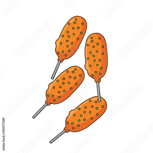 Cartoon corn dogs on sticks with green dots isolated on white background