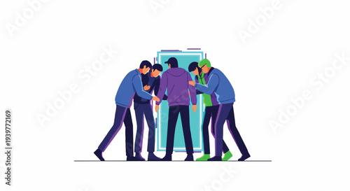 Team of diverse individuals collaborating around a large green energy battery, symbolizing collective effort, sustainable power, and future innovation.