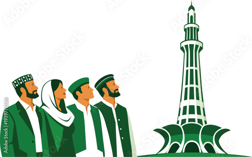 Pakistani people looking at Minar-e-Pakistan monument vector illustration in green and white