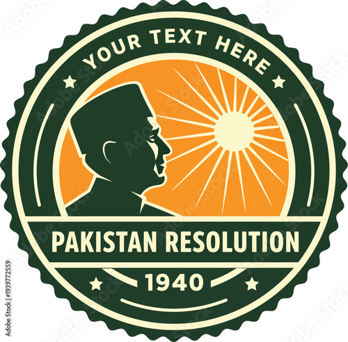 Pakistan Resolution 1940 vintage style vector badge with silhouette and sunburst