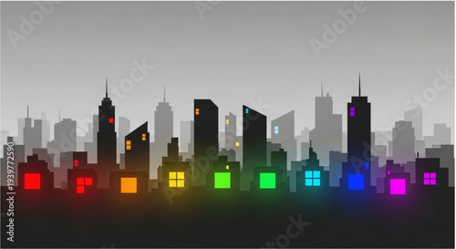 City skyline with rainbow windows for pride and lgbt night.