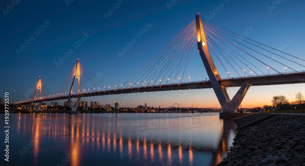 Obraz premium A large cable-stayed bridge with a modern design illuminated at dusk, spanning across a calm body of water with a clear gradient sky