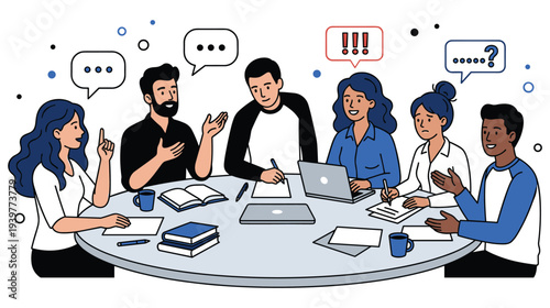 Diverse group of colleagues having active discussion at round table