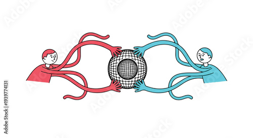 Two people with long arms reaching out and connecting to a central sphere, symbolizing collaboration and teamwork.