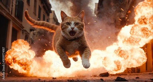 Animal cat running escaping from fire