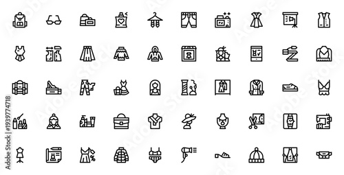 Fashion icon set. Vector illustration pack. Includes symbols for clothing, accessories, shopping, design and more like dress, bag, heels, cosmetics and sewing.