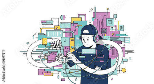 Young man with headphones immersed in a complex digital world of abstract shapes and technology