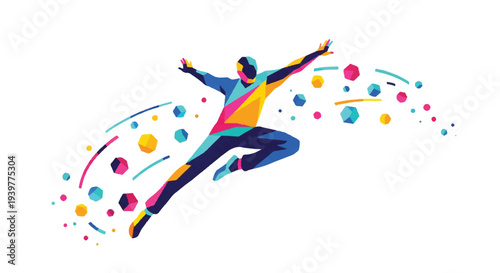 Vibrant abstract illustration of a dynamic person jumping with colorful geometric shapes and lines against a white background