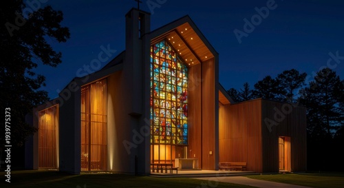 A modern church building illuminated at night with a large stained-glass window