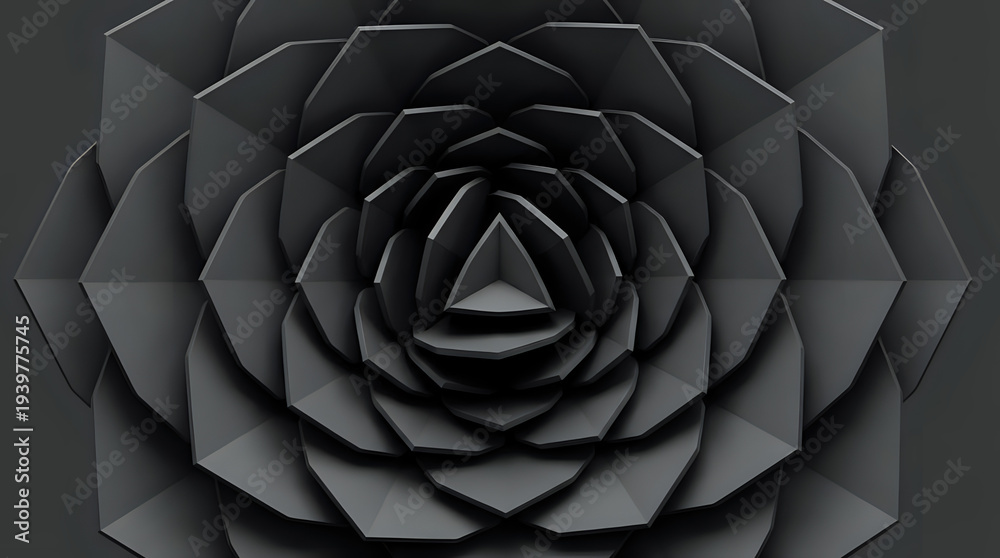 Obraz premium Abstract dark gray geometric pattern with repeating hexagonal and triangular shapes creating a modern 3D fractal design, ideal for backgrounds and digital art