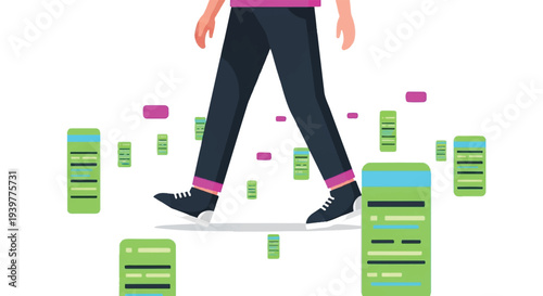 Conceptual illustration of an individual walking amidst a sea of digital information, data files, and online content, representing a modern digital journey.