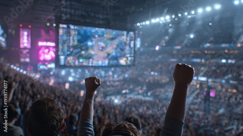Crowd cheers as teams compete in large esports event with big screens and lights
