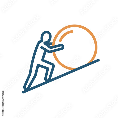 Person pushing orange circle up blue incline rolling