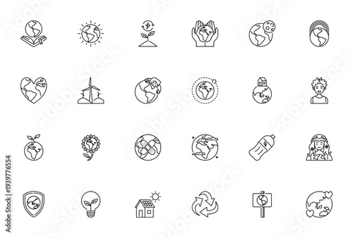 Mother Earth Day icon set. Ecology vector collection. Includes Earth, eco energy, solar panel, recycle, green planet, wind energy, human and more. Editable thin line icons.