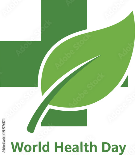 Green medical cross and leaf icon symbolizing global wellness for World Health Day