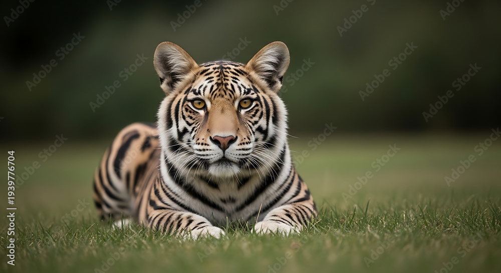 Obraz premium Majestic Tiger Cub Lying in Lush Green Grass