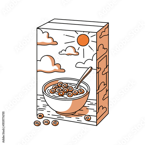 Breakfast flakes cereal package with bowl and spoon food packaging illustration