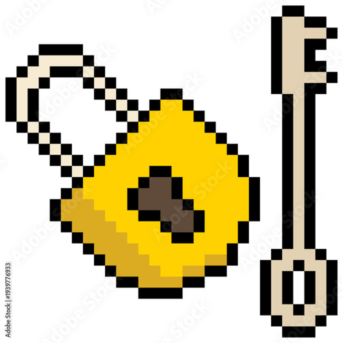 Padlock and key with pixel art on white background
