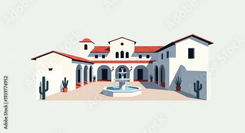 Simple white mediterranean courtyard central fountain cacti potted plants vector illustration