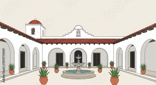 Large mediterranean courtyard ornate fountain arches potted plants vibrant flowers vector illustration