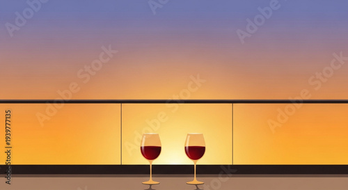 Beautiful sunset balcony two red wine glasses warm orange sky vector illustration