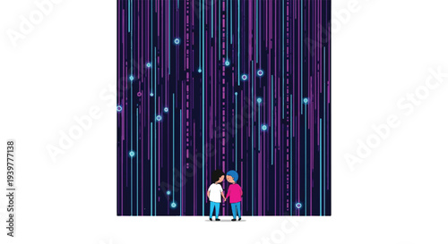 Two people observing a vibrant digital data stream with glowing particles, representing technology, metaverse, and interconnectedness.