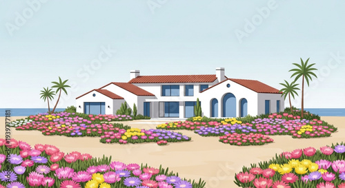 Luxury beach house colorful flower garden palm trees ocean background vector illustration