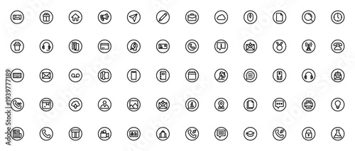 Contact Us icon set. Vector illustration pack featuring telephone, email, message, support, upload, location and more business communication symbols. Editable stroke.