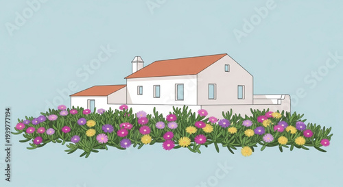 Modern white house vibrant flower bed front lawn light blue sky vector illustration