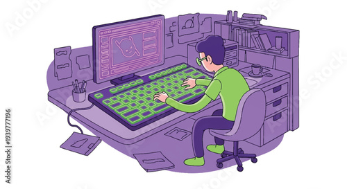 Young man coding on a desktop computer in a modern home office setup, illustrating digital work, software development, and remote productivity.