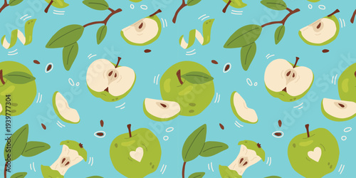 Seamless green apples pattern with lines,seeds,leaves on a warm  background. Hand drawn food illustration, repeating kitchen print for textile, packaging, wallpaper, fabric and surface design.