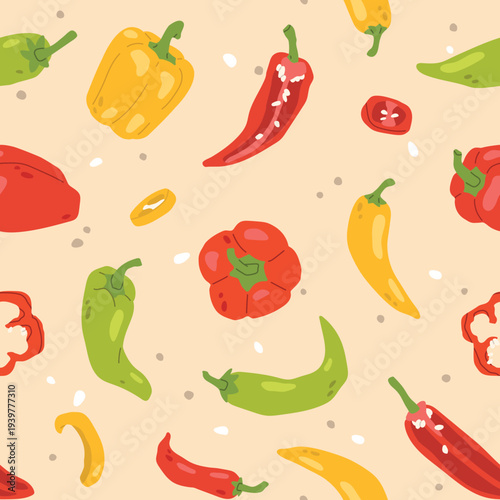 Seamless pattern with red and yellow peppers on a warm beige background. Hand drawn food illustration, repeating kitchen print for textile, packaging, wallpaper, fabric and surface design.