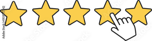 Flat vector illustration of a five-star rating system with a human hand clicking to provide positive customer feedback and review