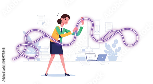 Frustrated businesswoman struggling with tangled cables in a modern office setting, conveying stress and complexity.