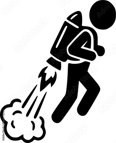 Minimalist black and white vector icon of a man propelled into the air by a fired-up jetpack on his back 