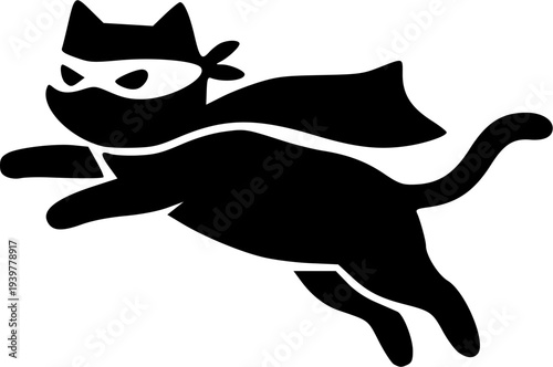 Minimalist black and white vector silhouette of a ninja cat in a dynamic action pose, wearing a ninja mask and cloak