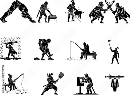Humorous anachronism vector silhouette set of a medieval knight performing modern daily tasks and chores, satirical illustration collection of a warrior in armor navigating contemporary life situation