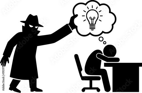 Conceptual black and white vector illustration of a thief character stealing a glowing light bulb idea from a sleeping office worker.