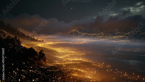 a field of glowing yellow data points against a dark background, with a night sky and a fantasy landscape Generative AI