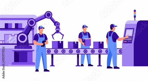 Workers and robotic arm on a conveyor belt in a modern factory production line.