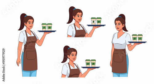 A woman in an apron holding a tray with two coffee cups, depicted multiple times.