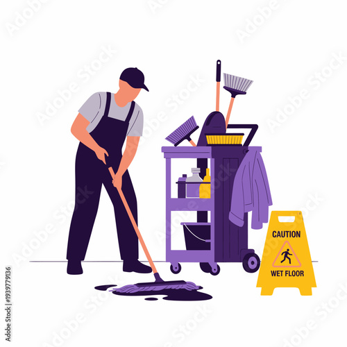 A male janitor in uniform mopping a wet floor with a cleaning cart and a wet floor sign nearby.