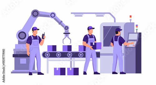 Workers and robotic arm on a modern factory production line with automated machinery and conveyor belt.