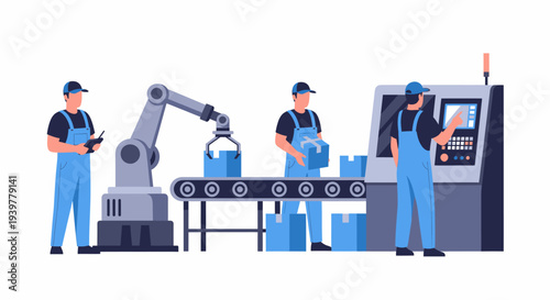 Factory workers and robotic arm on a conveyor belt in a modern manufacturing facility.