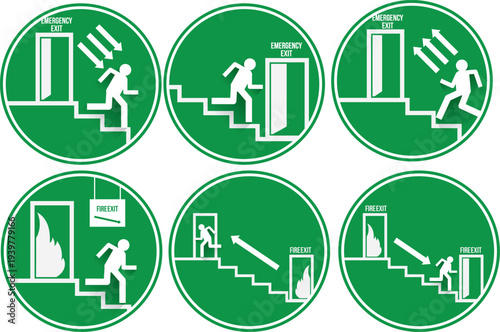 Emergency exit signs flat design vector illustration with arrows and running figures